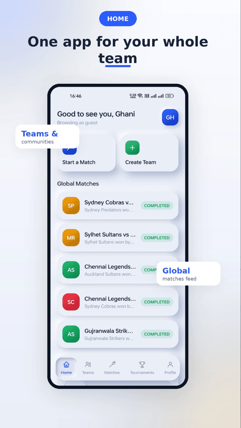 Over Count home screen with teams and global matches